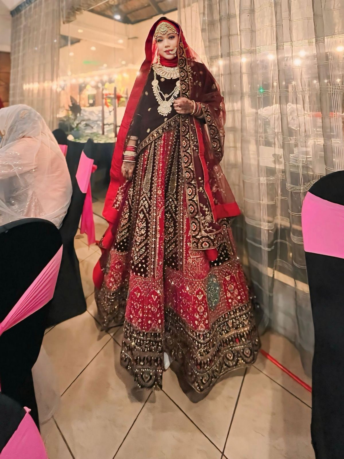 Grand Double Dupatta Maroon Pink Lengha