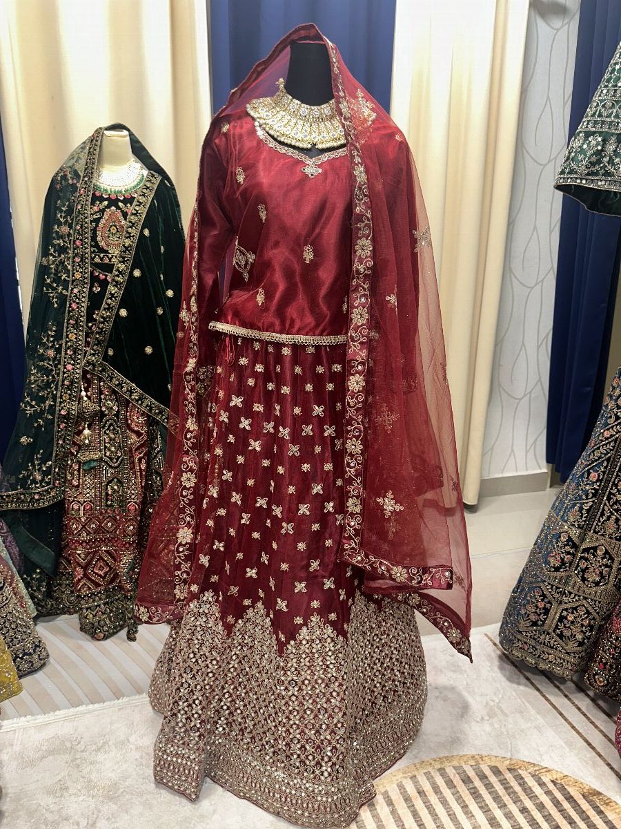 Grand Party Mirror Maroon Lengha