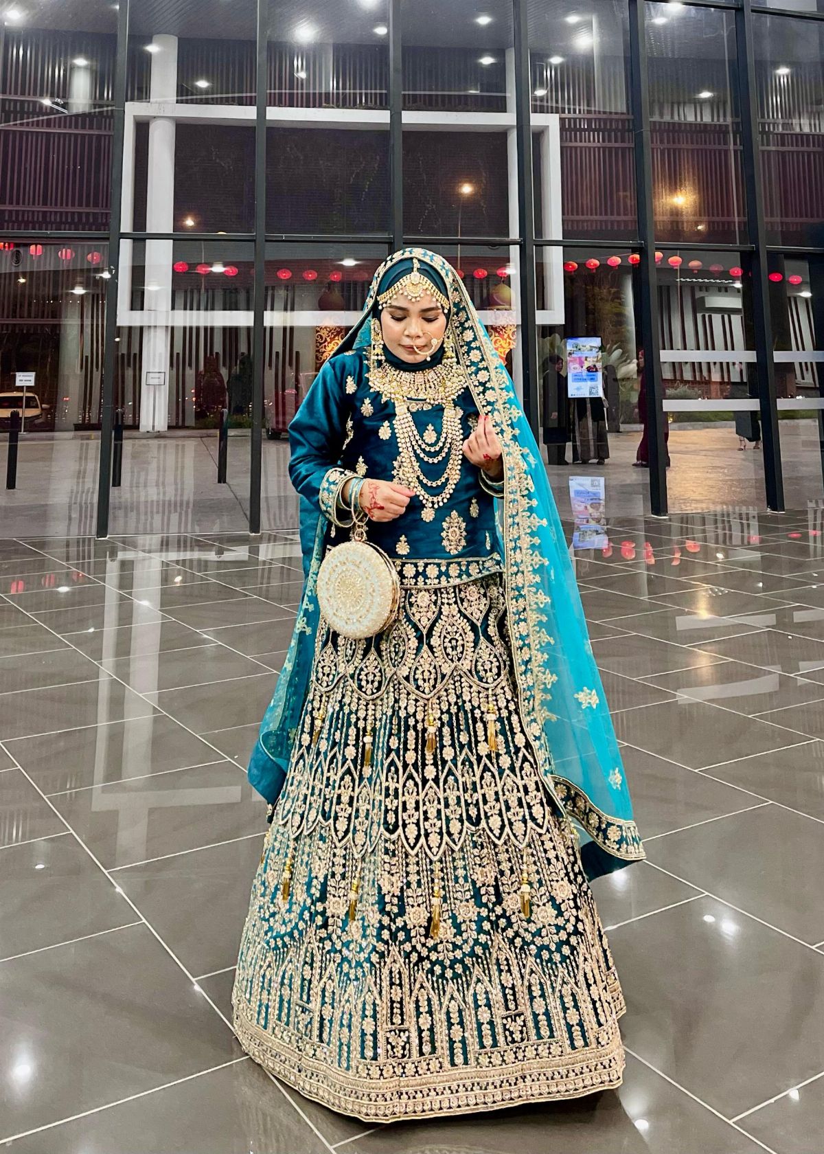 Grand Stones Teal Blue Lengha