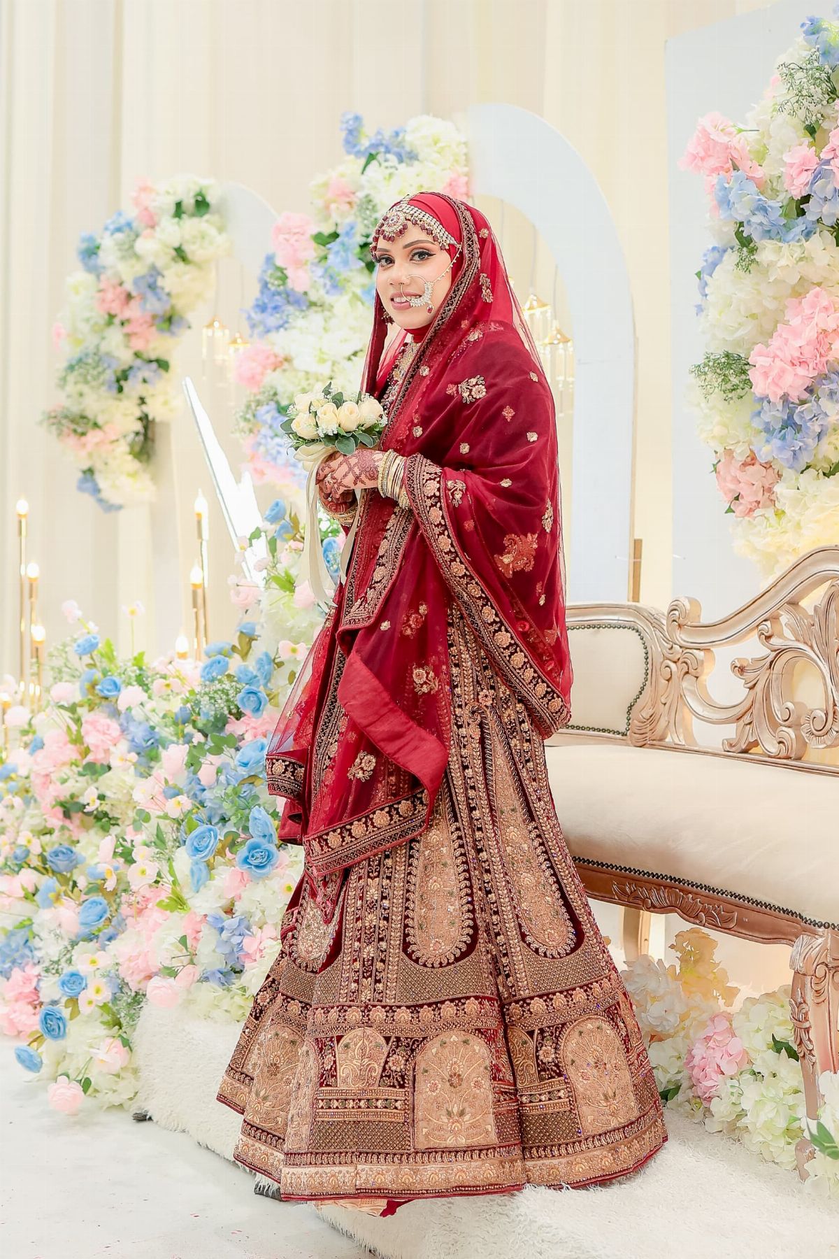 Grand Double Dupatta Mahogany Gold Lengha