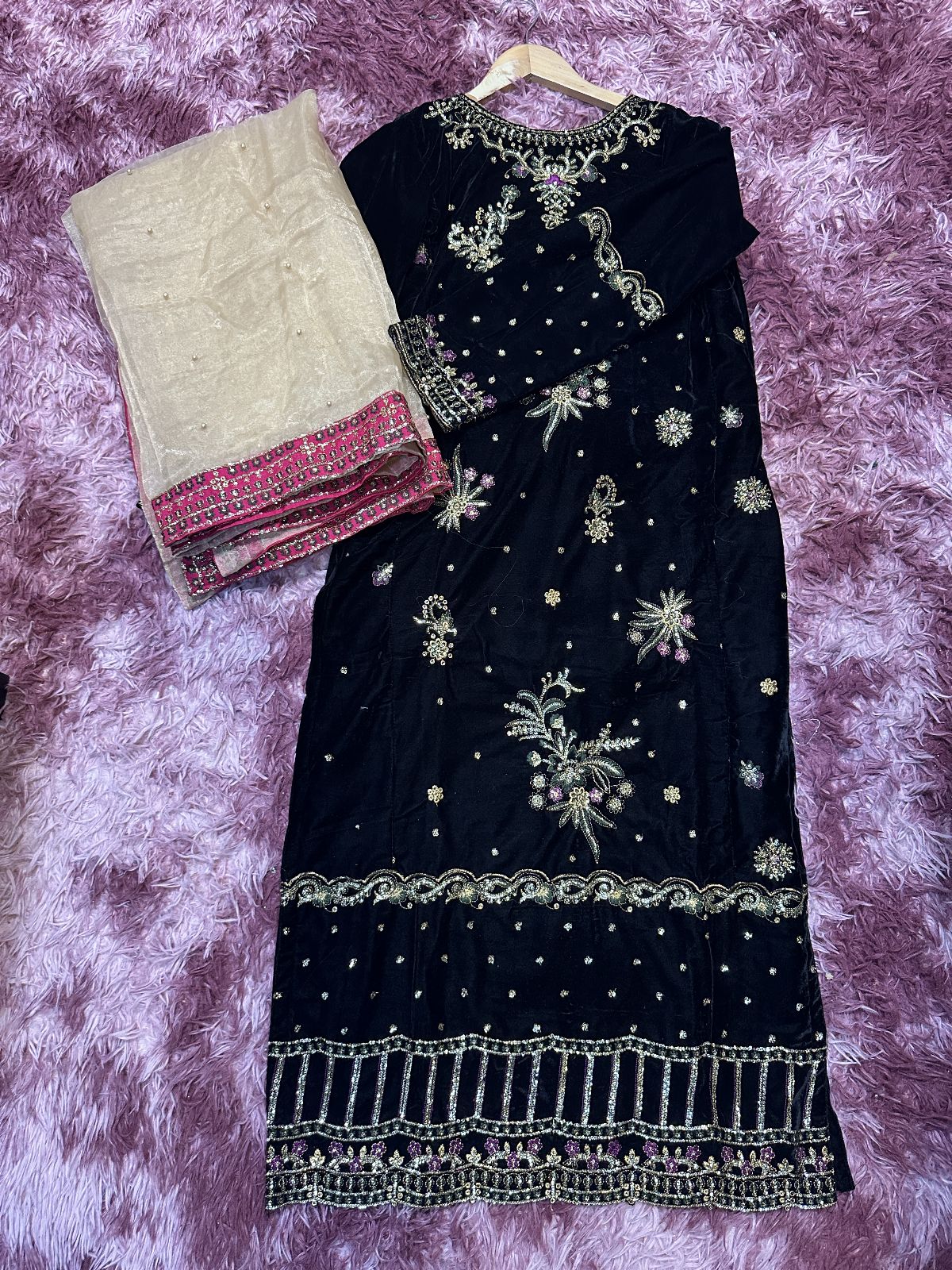 Party Velvet Black Peach Lengha